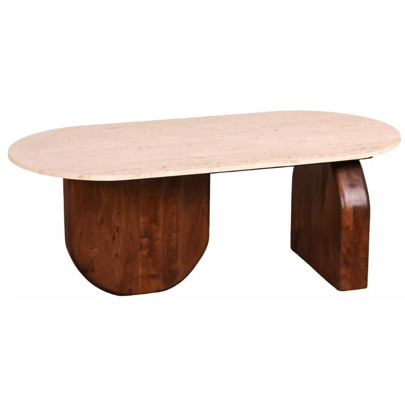 Country Travertine and Acacia Wood Coffee Table