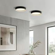 Two modern ceiling lights in a room with a painting and a vase.