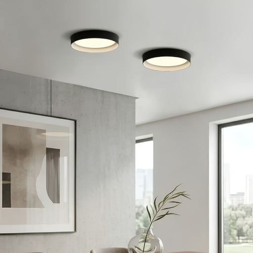 Two modern ceiling lights in a room with a painting and a vase.
