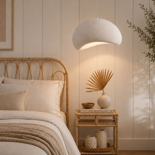 A modern dome-shaped pendant light with a textured off-white fabric shade hangs over a bed in a softly styled bedroom. The scene includes a rattan headboard, neutral bedding, a small rattan nightstand with decorative vases and a book, and a paneled cream wall - Lighting.co.za