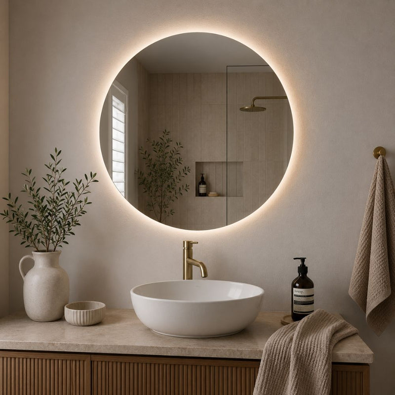 A round backlit LED bathroom mirror mounted on a beige wall above a marble countertop with a white vessel sink, gold faucet, and wooden vanity. Decorative plants, a ceramic vase, and a hanging towel are visible in the styled bathroom setting - Lighting.co.za