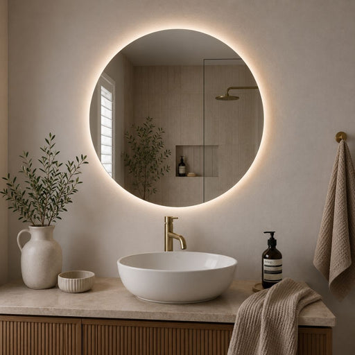 A round backlit LED bathroom mirror mounted on a beige wall above a marble countertop with a white vessel sink, gold faucet, and wooden vanity. Decorative plants, a ceramic vase, and a hanging towel are visible in the styled bathroom setting - Lighting.co.za