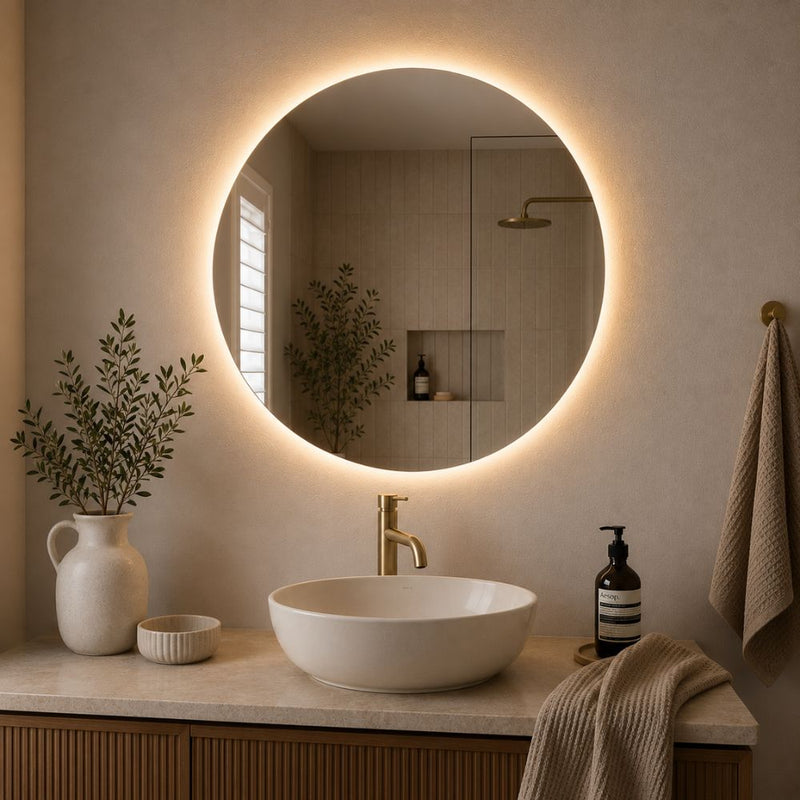 A round backlit Warm White LED bathroom mirror with a warm glowing light, mounted on a beige wall above a white ceramic vessel sink with a gold faucet. The scene is styled with a beige towel, a small vase with greenery, and a soap dispenser - Lighting.co.za