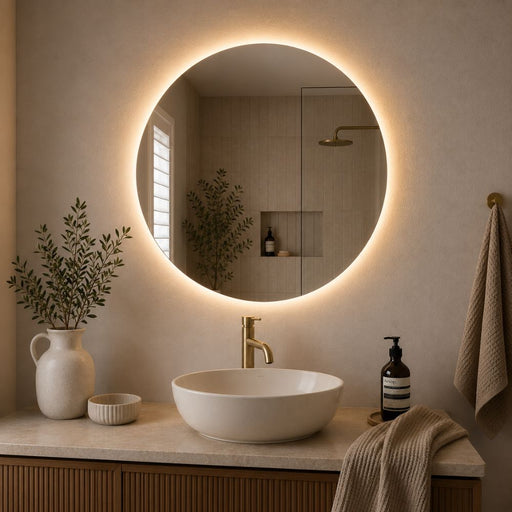 A round backlit Warm White LED bathroom mirror with a warm glowing light, mounted on a beige wall above a white ceramic vessel sink with a gold faucet. The scene is styled with a beige towel, a small vase with greenery, and a soap dispenser - Lighting.co.za