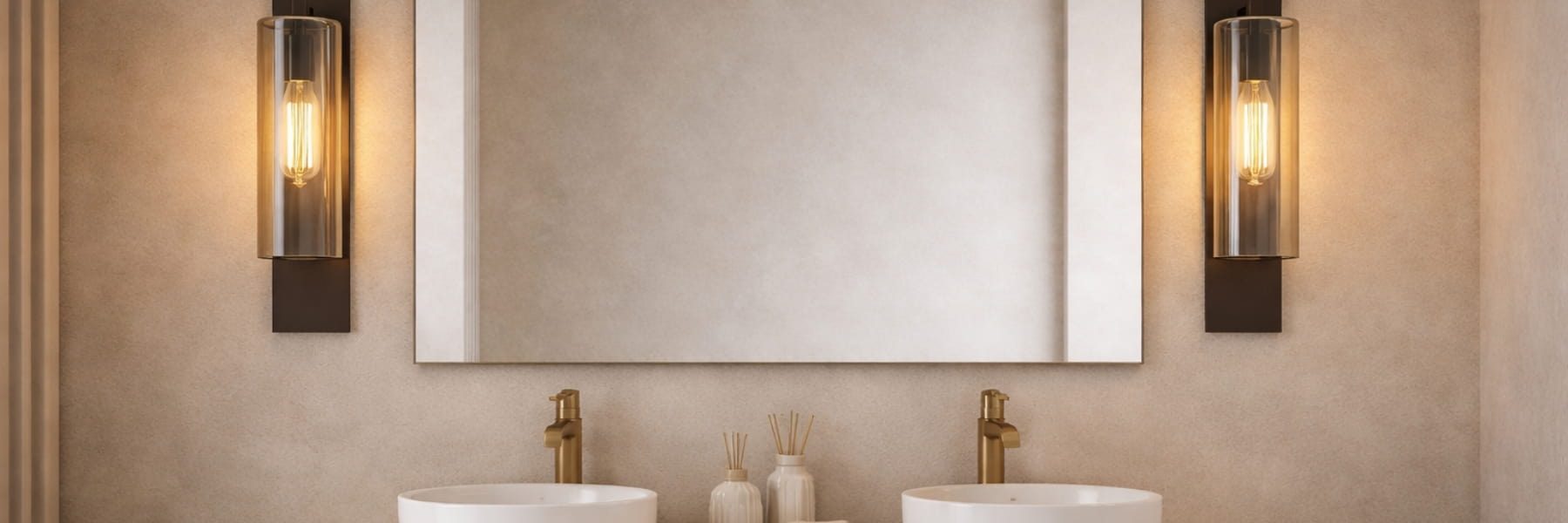 A pair of modern wall sconces with clear glass cylinders and warm glowing bulbs, mounted on a beige textured wall on either side of a large rectangular mirror above a double vanity. Bathroom Lighting Buying Guide - Lighting.co.za