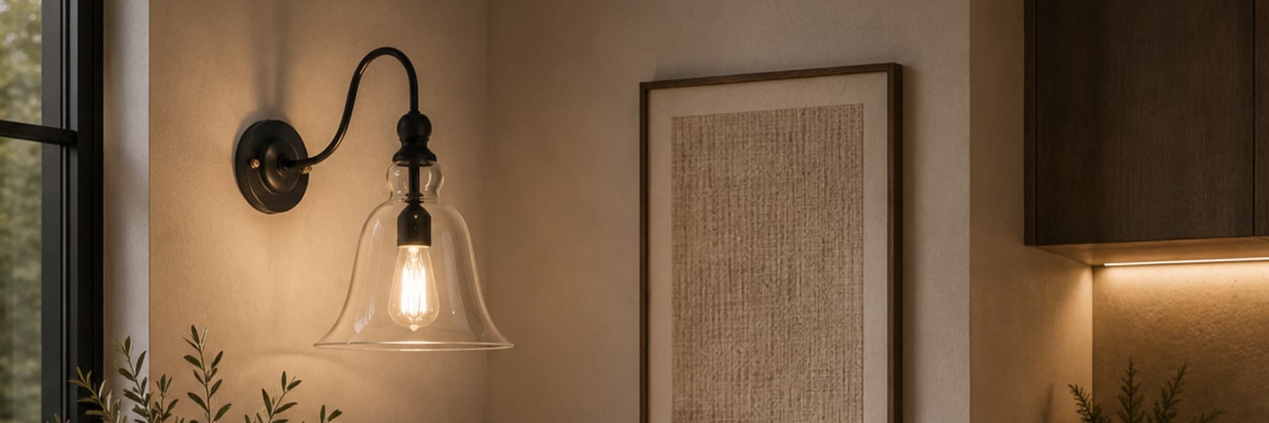 A wall-mounted sconce with a clear bell-shaped glass shade and black metal hardware, shown lit in a warm interior setting next to framed wall art.