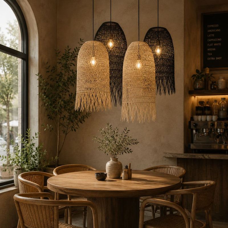 Delta Black or Natural Long Rattan Pendant Light 2 Sizes