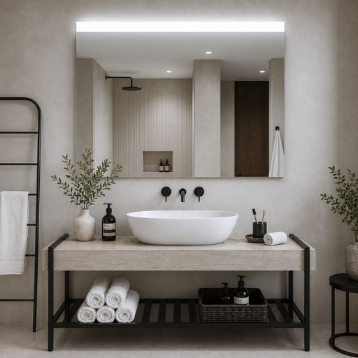 A modern bathroom vanity setup with a white oval sink, a light stone countertop, black metal shelving, a large rectangular mirror with integrated lighting, and neutral-toned walls. Decorative plants, folded white towels, and dark bottles are arranged around the vanity - Lighting.co.za