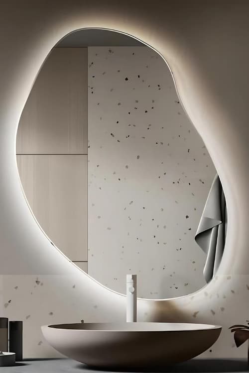 Trinity Organic Shaped Blacklit LED Bathroom Mirror, Cool White Led. White Basin in Modern Style Bathroom - Lighting.co.za