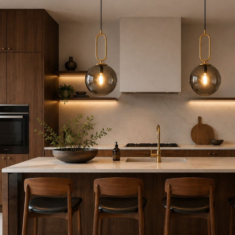 A modern kitchen interior with dark wood cabinetry, a light stone countertop, two hanging glass pendant lights with gold-toned loops, a white range hood, and three wooden bar stools at the island - Lighting.co.za