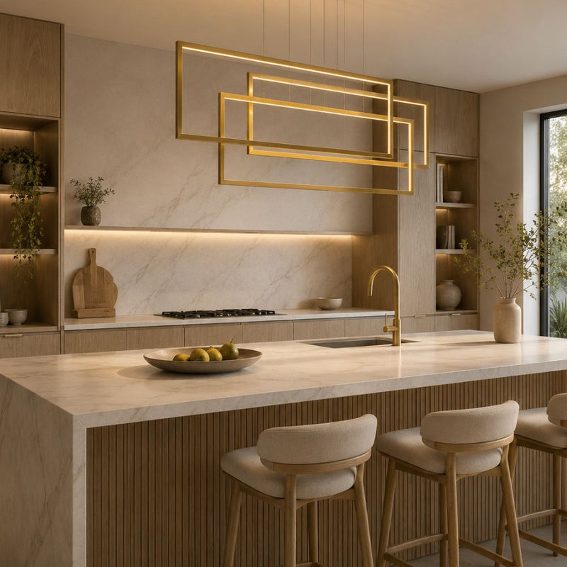 A modern kitchen interior with a large marble island, wood cabinetry, a gold faucet, and a geometric gold pendant light. Three upholstered bar stools sit at the island, and the background includes built-in shelves, plants, and a window - Lighting.co.za