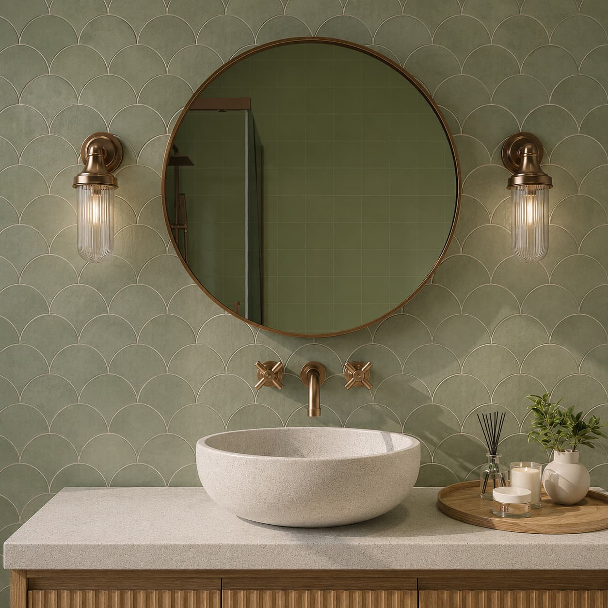 A bathroom vanity setup with a round vessel sink on a light stone countertop, a large round wall mirror with a bronze frame, and two matching bronze sconces mounted on a sage green scallop-pattern tiled wall. A small tray with candles and a plant sits to the right - Lighting.co.za