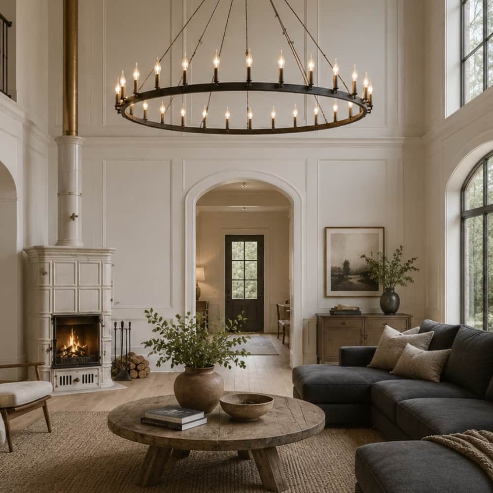Rustic large round chandelier in Farmhouse living room with wooden coffee table and cozy couch - Lighting.co.za