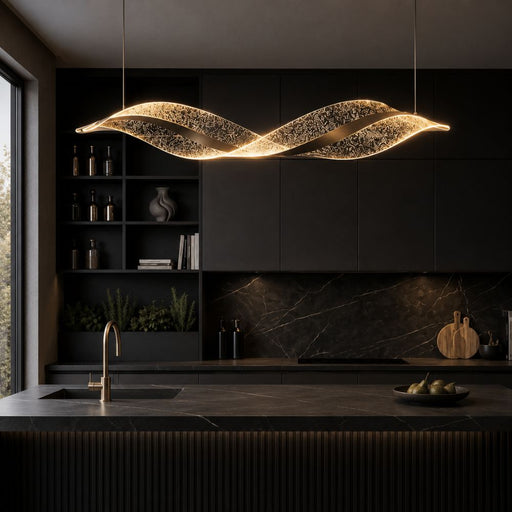 A modern wavy pendant light with a textured gold finish hangs over a dark contemporary kitchen island with black cabinets and marble backsplash - Lighting.co.za