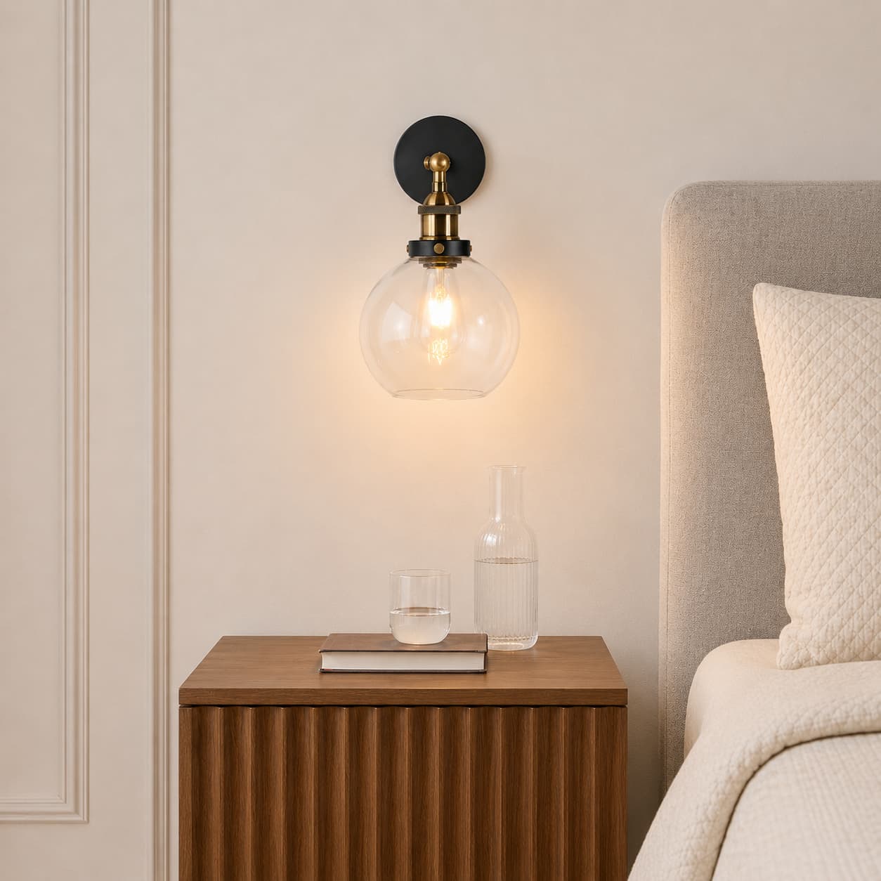 A modern wall-mounted sconce with a black round backplate, brass-toned stem, and clear glass globe shade, glowing with a warm light above a wooden bedside table in a bedroom setting.