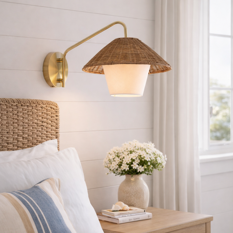 Kira Gold and Rattan Shade Wall Light - Lighting.co.za