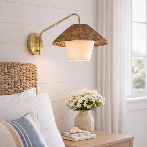 Kira Gold and Rattan Shade Wall Light - Lighting.co.za