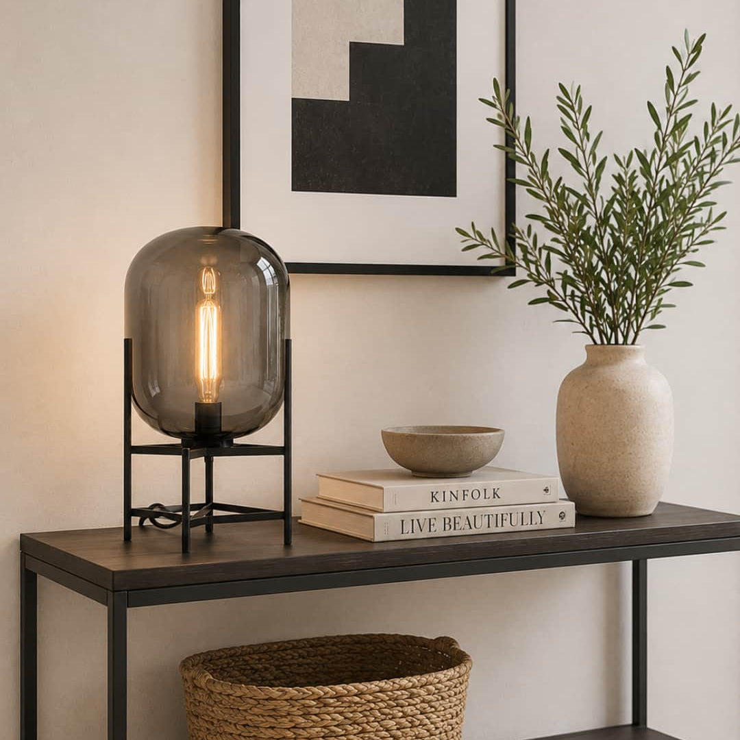 Smoke Glass and Black Table Lamp in Modern Japandi Home Entrance - Lighting.co.za