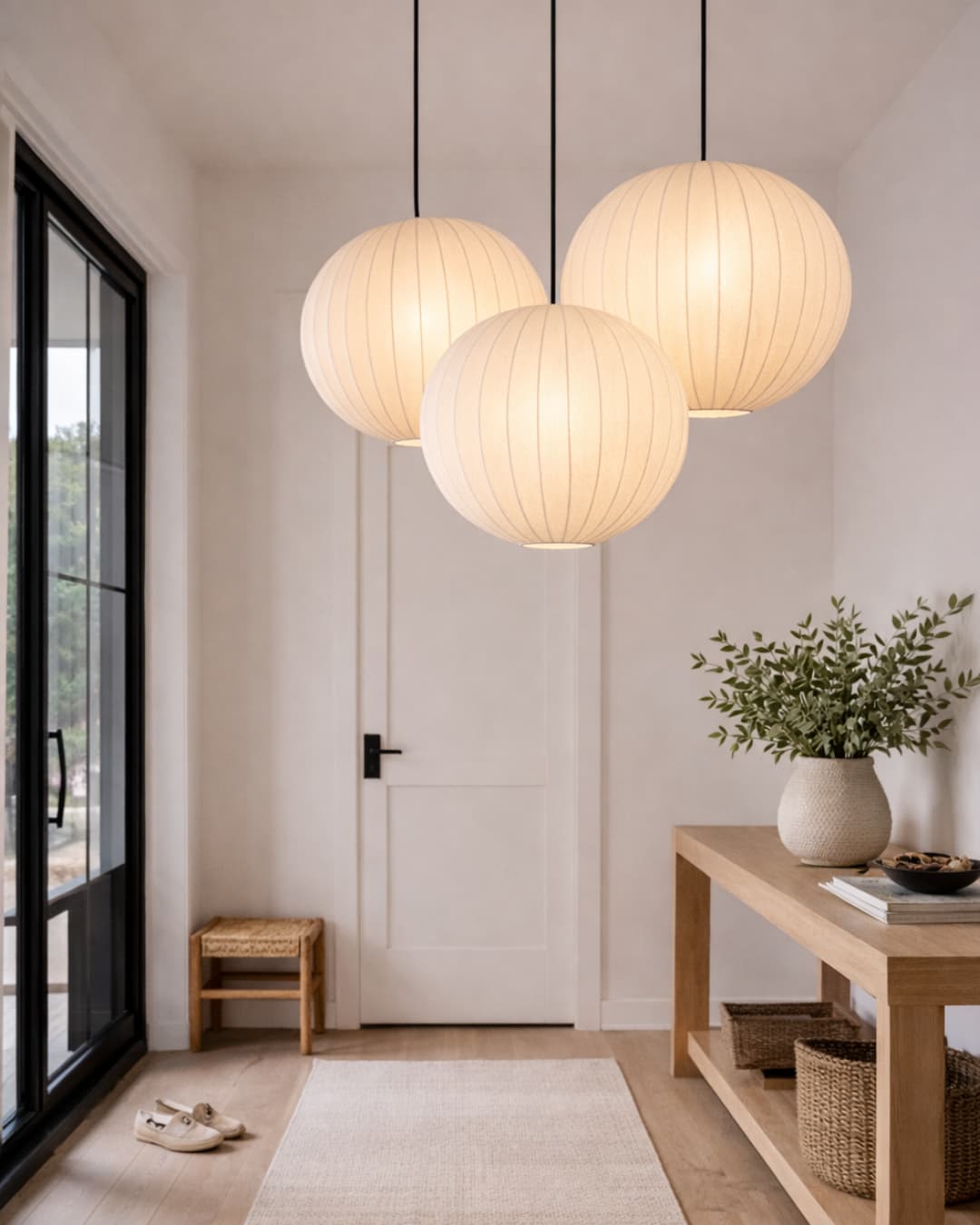 Modern interior with spherical white pendant lights, a wooden table, and decorative items - Lighting.co.za