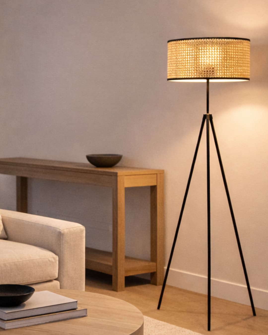 Odile Rattan Shade and Black Tripod Floor Lamp in Nordic Style Living Room - Lighting.co.za