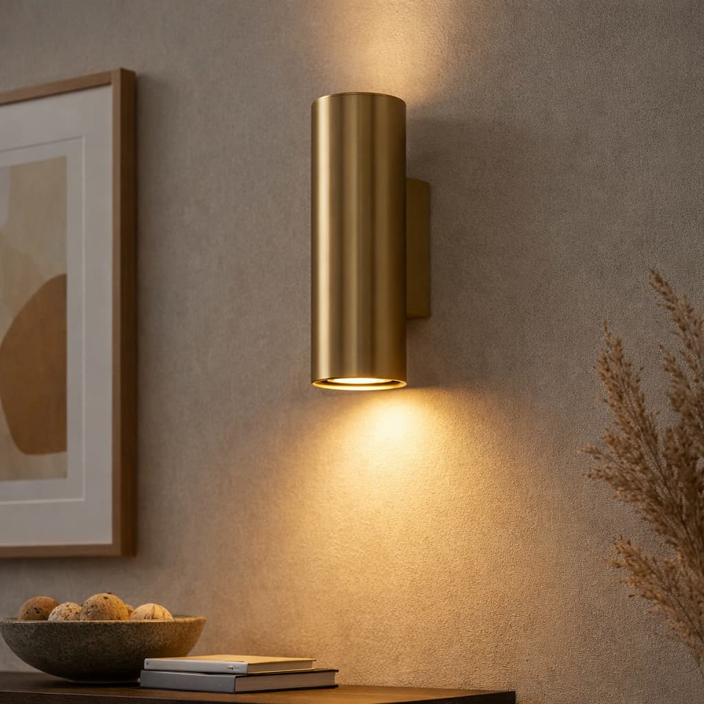 Gold cylindrical wall sconce on a textured wall with a bowl and books on a surface below.