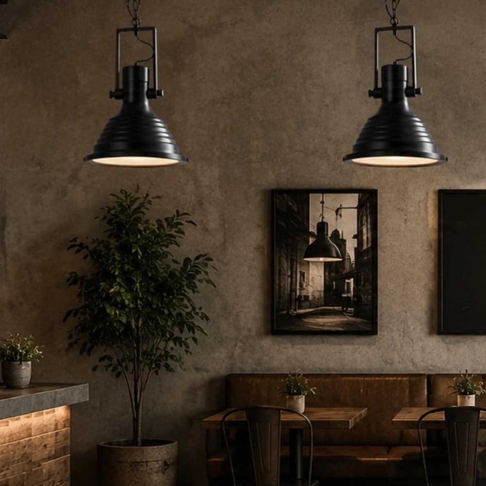 Black Industrial Pendants in a vintage cafe - Lighting.co.za