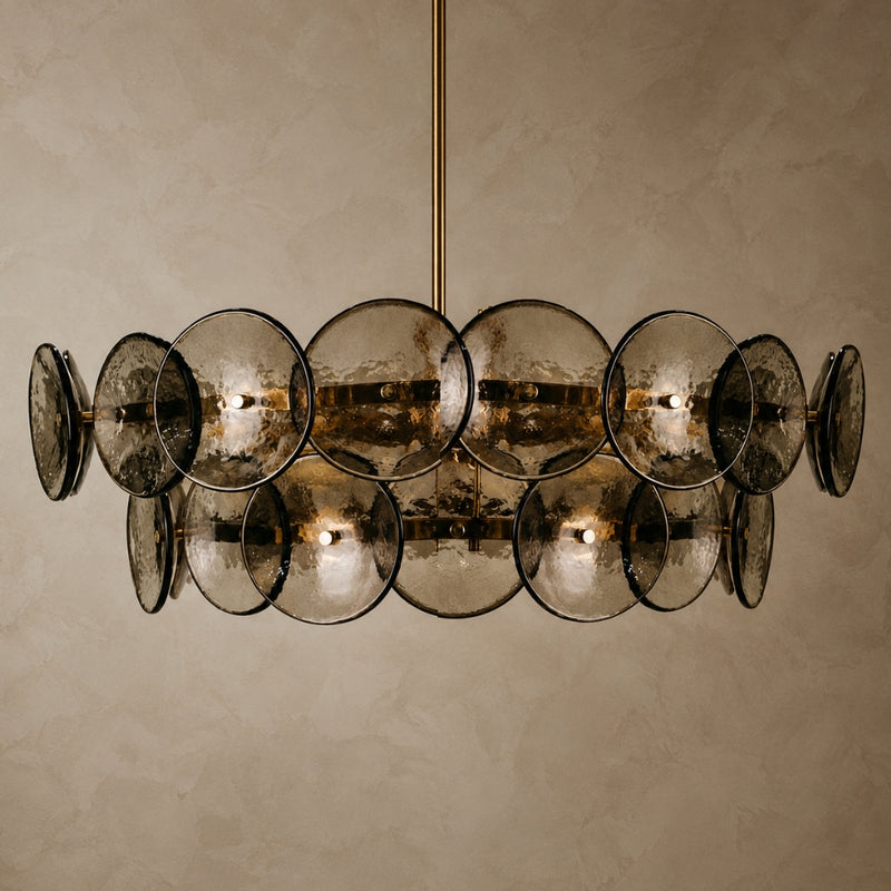 Ivanna Round Brass and Smoke Textured Glass Chandelier