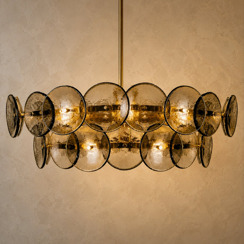 Ivanna Round Brass and Smoke Textured Glass Chandelier