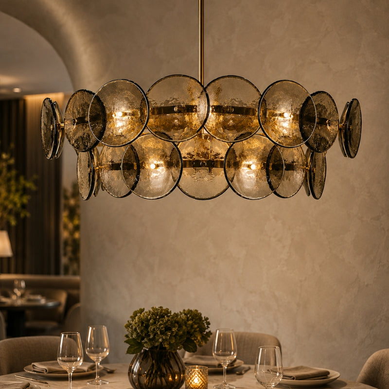 Ivanna Round Brass and Smoke Textured Glass Chandelier