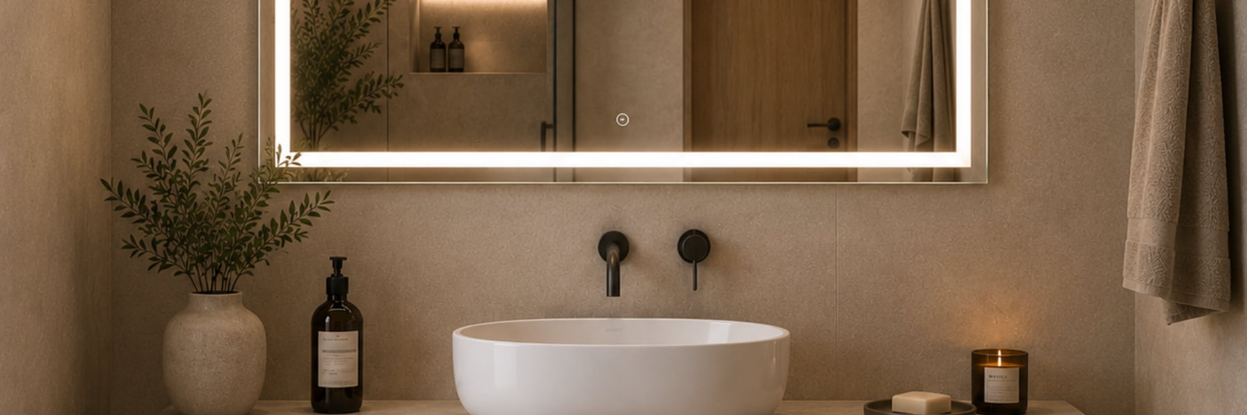 Led Mirror above vanity in Japandi Style bathroom - Bathroom Lighting Buying Guide - Lighting.co.za