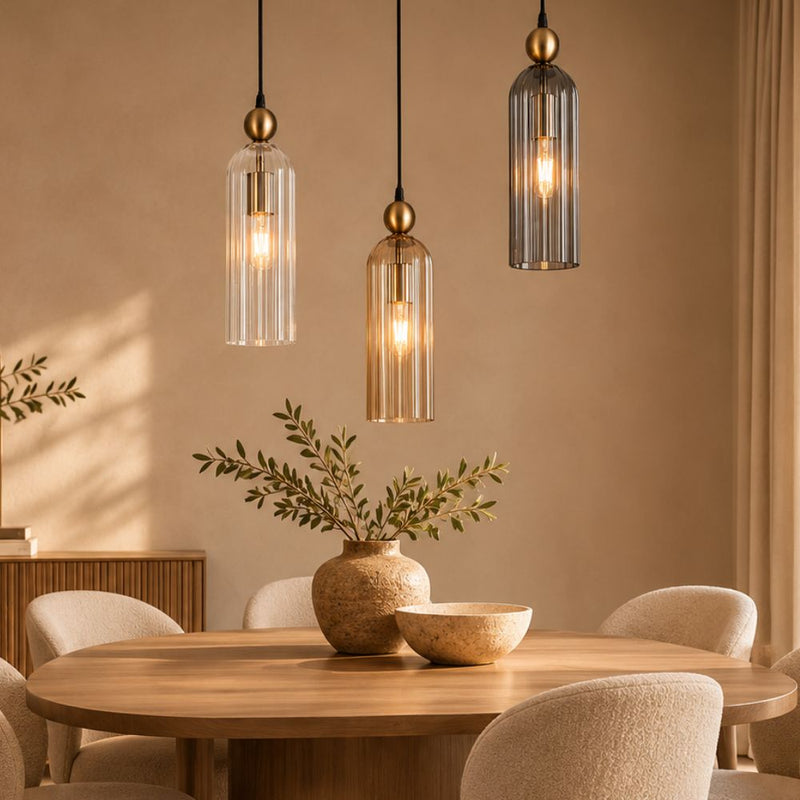 Lara Gold and Amber or Smoke or Clear Ribbed Glass Pendant Light - Pendant Light - Lighting.co.za