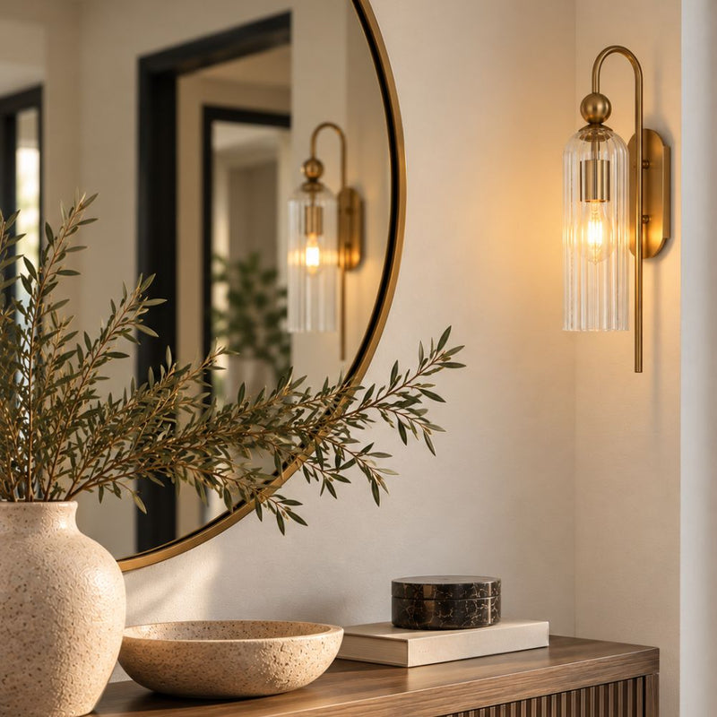 Lara Gold and Smoke or Clear Ribbed Glass Wall Light