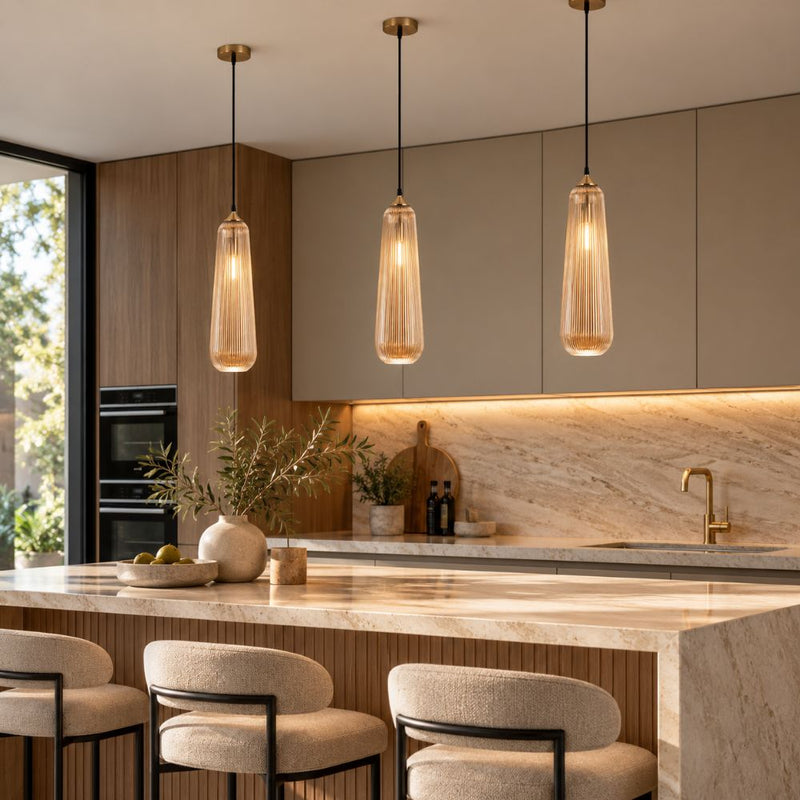 Luna Fluted Amber Glass and Brass Look Pendant Light - Pendant Light - Lighting.co.za