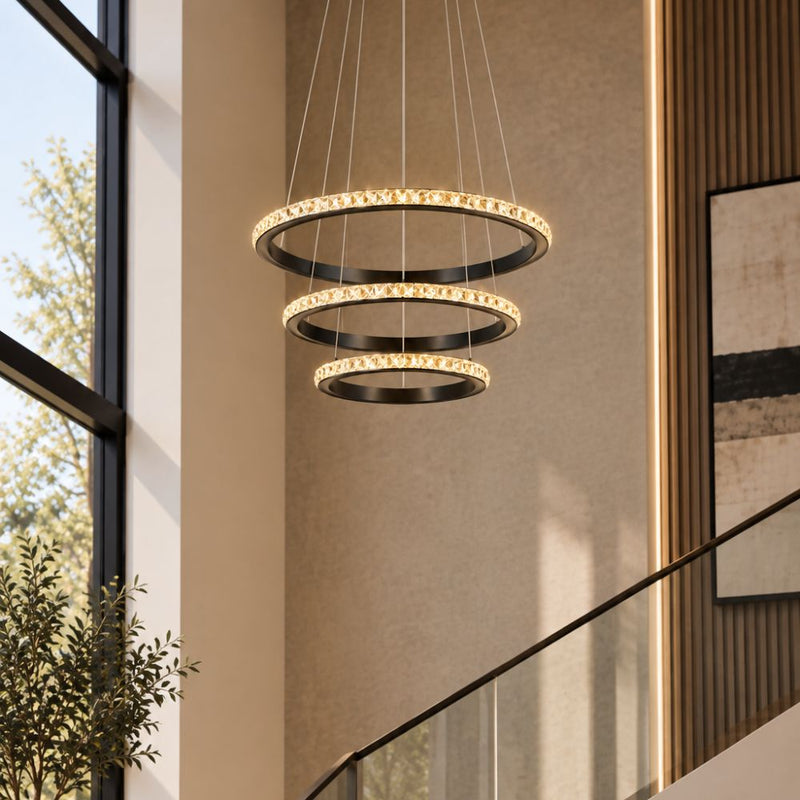 Lustre 3 Ring Black and Crystal LED Pendant Light - Pendant Light - Lighting.co.za