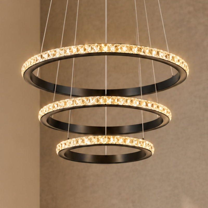 Lustre 3 Ring Black and Crystal LED Pendant Light - Pendant Light - Lighting.co.za