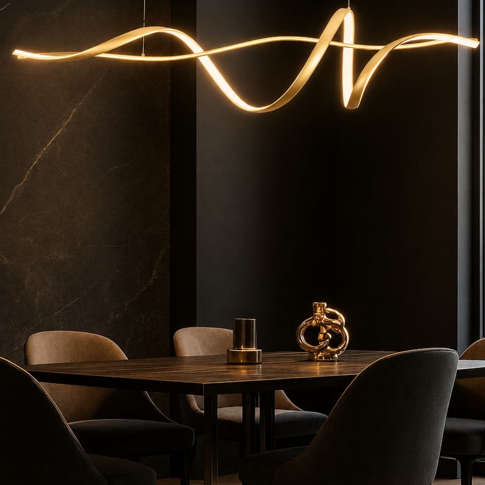 Warm White gold statement led pendant over dining table in luxury hotel with black marble wall - Lighting.co.za