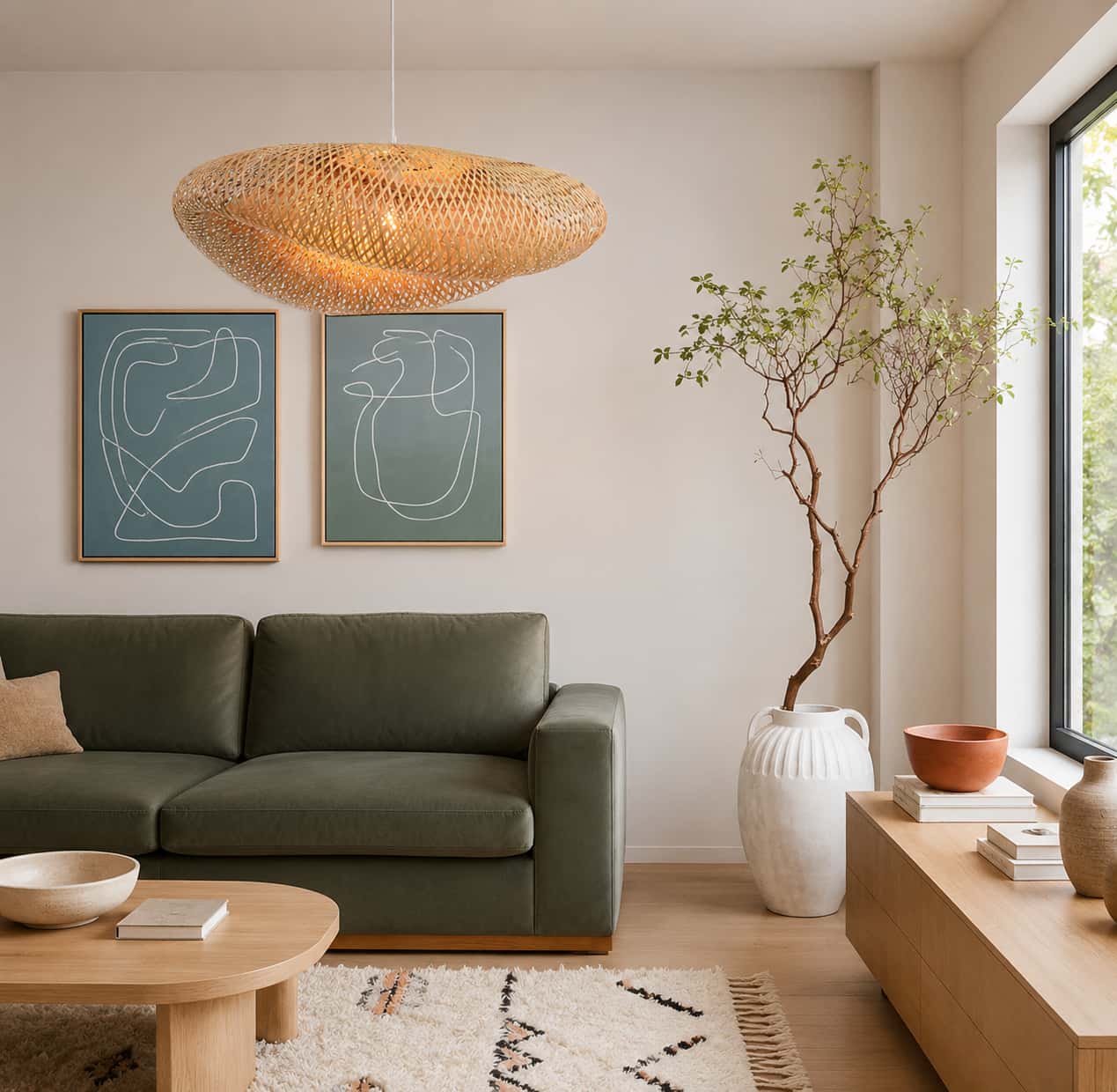 A modern living room featuring a dark olive green leather sofa, a large woven wicker pendant light, two minimalist blue abstract wall art prints, a tall white vase with a leafy branch, and a light wood coffee table. Pendant Light Buying Guide - Lighting.co.za