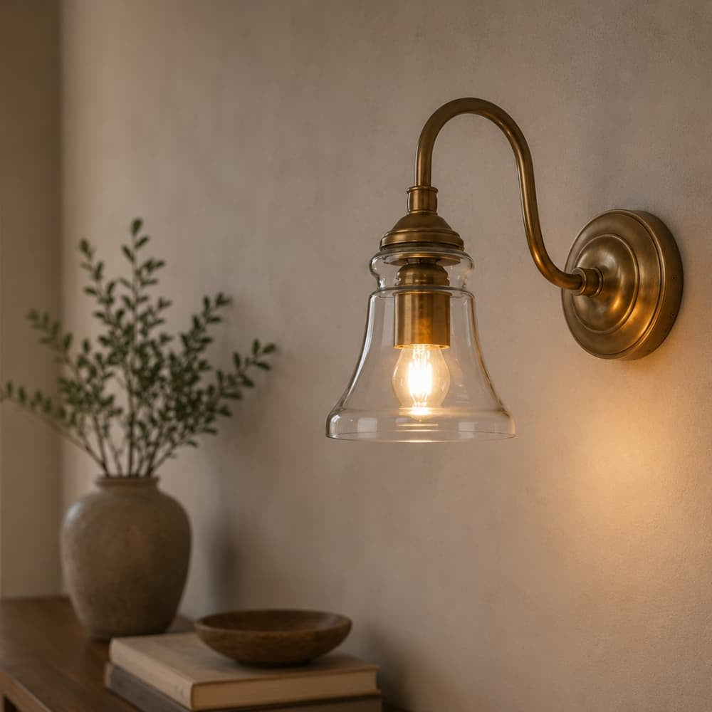 Mid Century Wall Light in neutral farmhouse entryway above wooden console table - Lighting.co.za