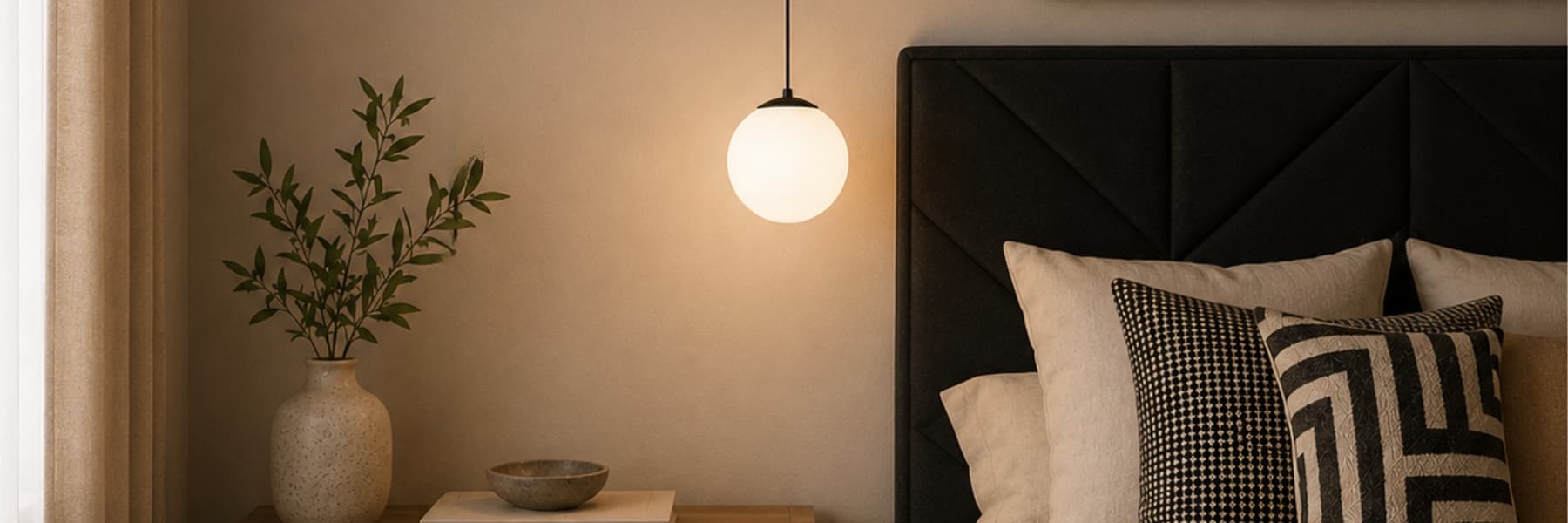 A modern bedroom scene featuring a spherical white pendant light hanging above a bed with a black tufted headboard and patterned pillows. A small side table with a vase of greenery is visible on the left. Pendant Light Buying Guide - Lighting.co.za
