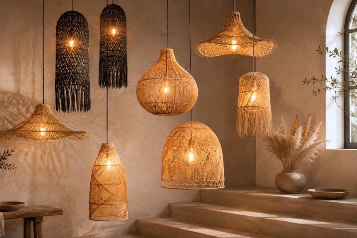 Woven Natural and Black Rattan Pendant lights hanging in a room with natural light and decor - Lighting.co.za