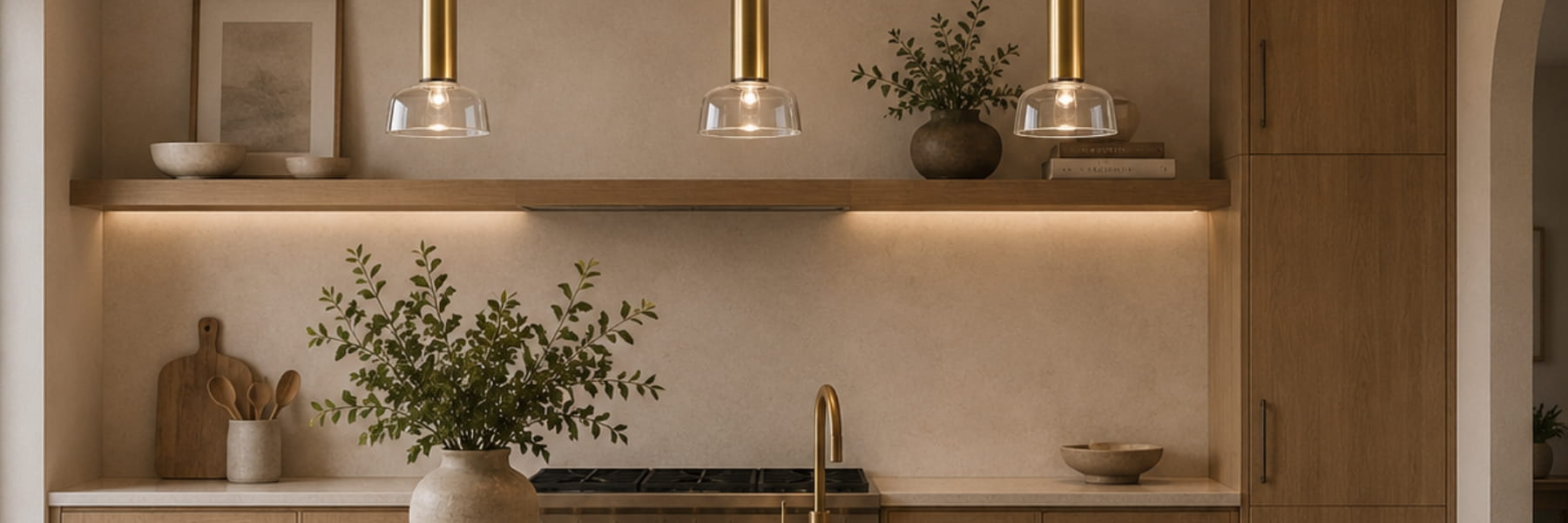 Modern kitchen interior with light wood cabinetry, a beige stone backsplash, three pendant lights with gold-toned shades, a sink with a gold faucet, and decorative plants and bowls. Pendant Light Buying Guide - Lighting.co.za