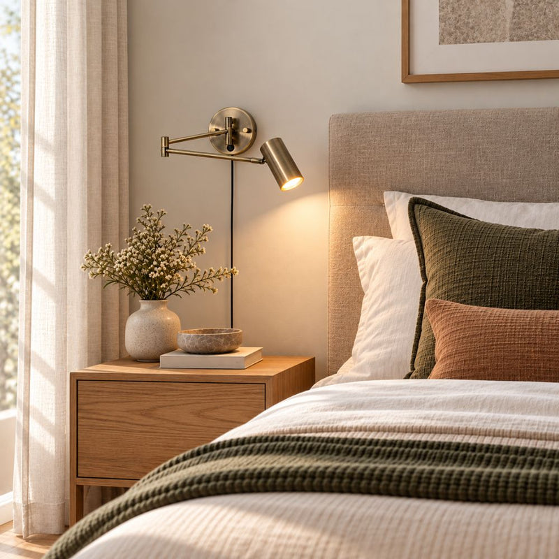 Newton Antique Brass Arm Wall Light with Cord and Plug - Indoor Wall Light - Lighting.co.za