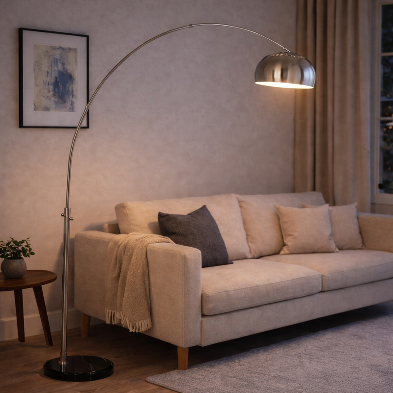 Nordic Curva Satin Chrome And Black Arco Adjustable Floor Lamp - Lighting.co.za