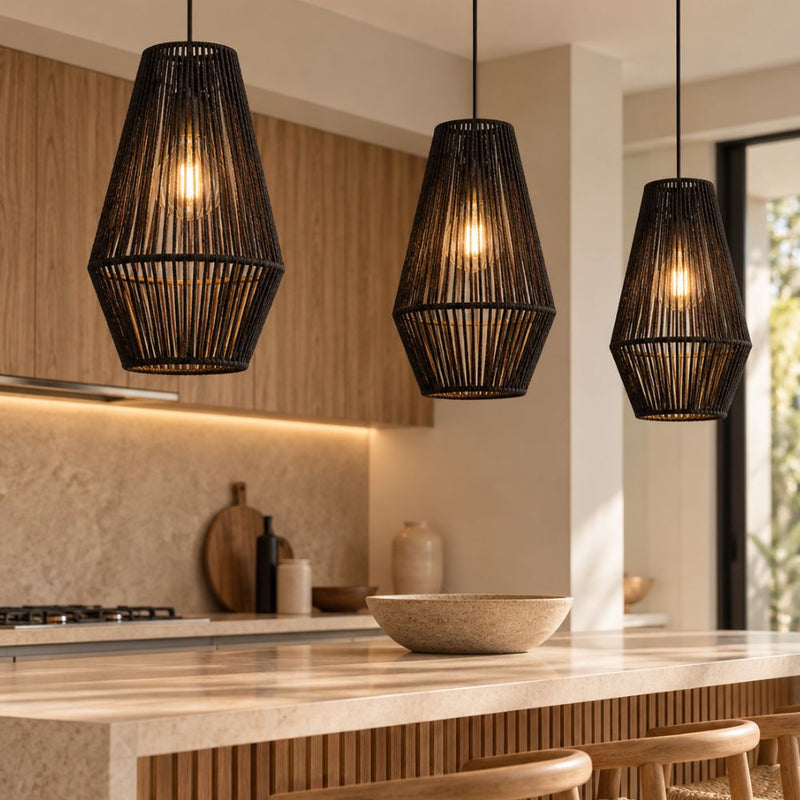 Nova Natural or Black Woven Rope String Pendant Light 2 Sizes