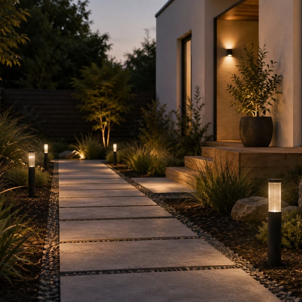 Modern outdoor pathway with decorative lights and plants leading to a house. Outdoor Lighting Buying Guide. IP ratings and tips - Lighting.co.za