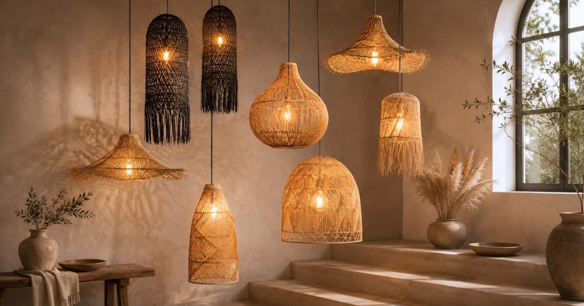 Woven Natural and Black Rattan Pendant lights hanging in a room with natural light and decor - Lighting.co.za