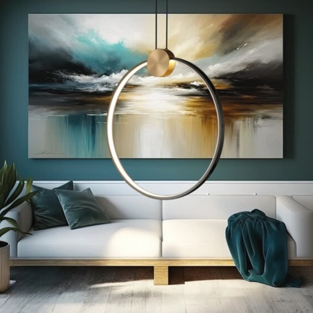 Black and Gold Open Ring Modern Warm White LED Pendant in Modern Living Room with Abstract Wall Art - Lighting.co.za