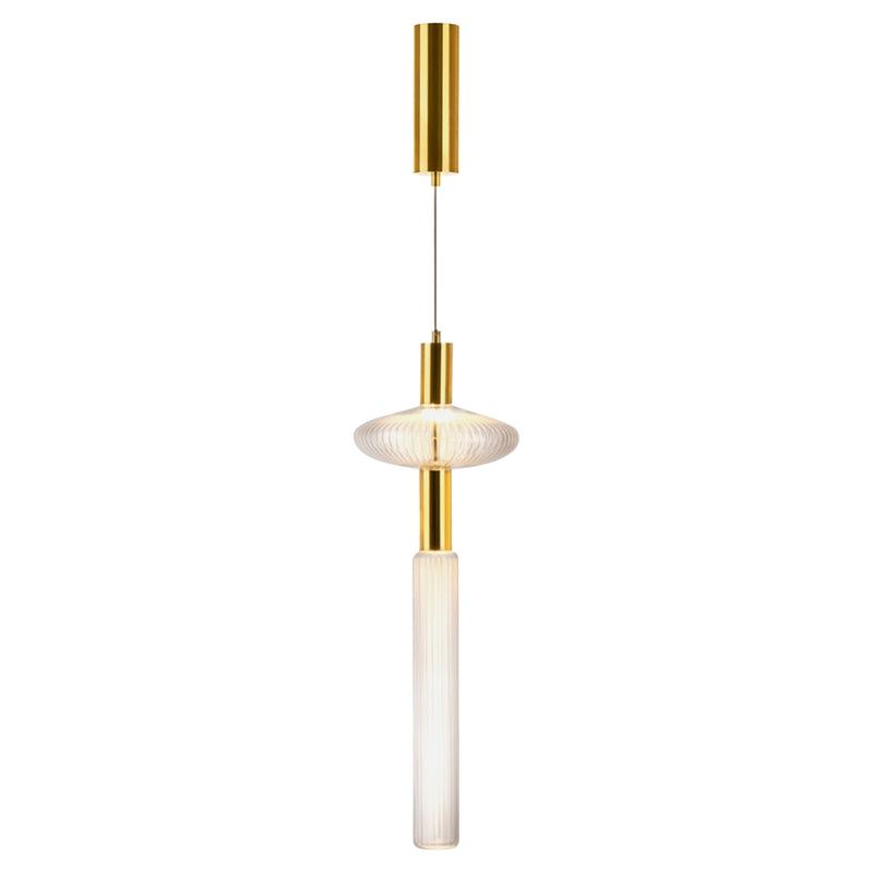 Nova Clear Ribbed Glass and Gold Tall LED Pendant Light - Lighting.co.za