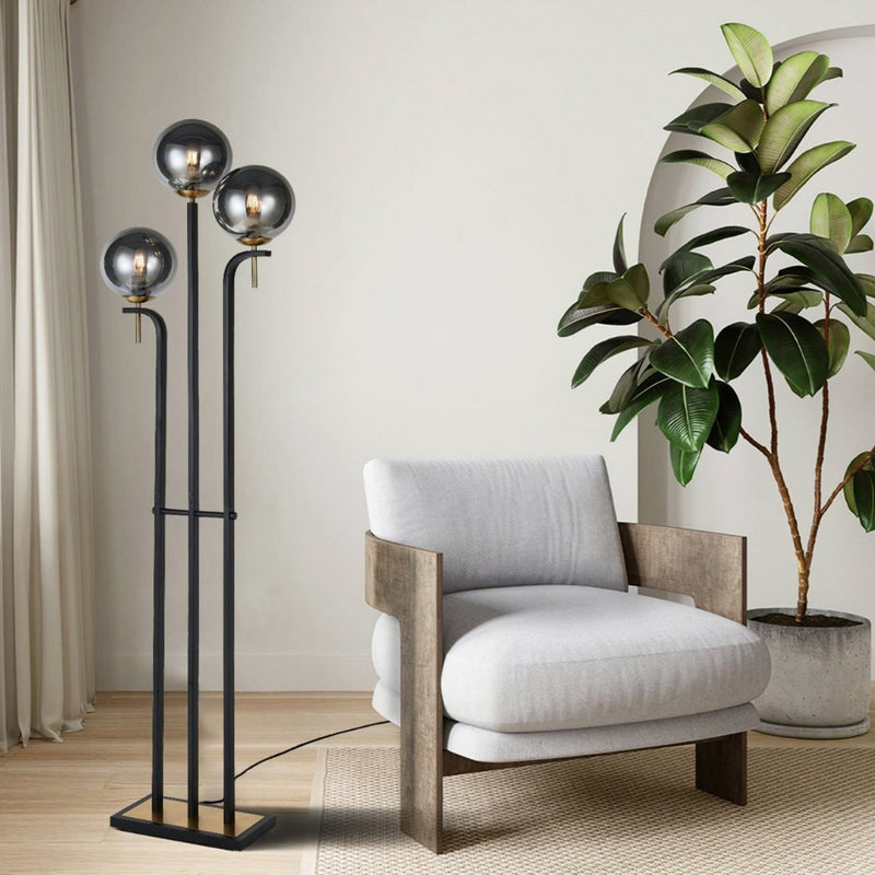 Amilla 3 Light Black And Smoke or Amber Glass Floor Lamp - Lighting.co.za