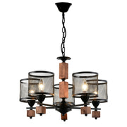 Corda Wood and Black Metal Mesh Shade Chandelier - Lighting.co.za